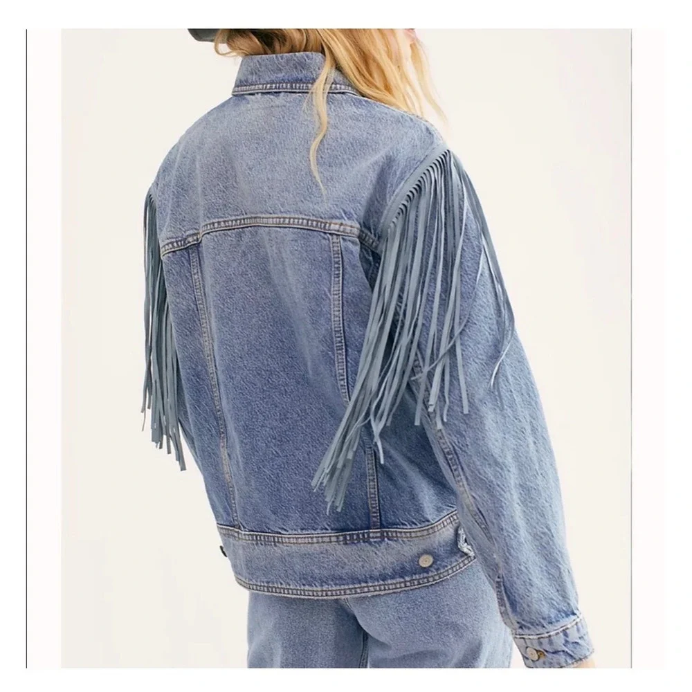 Free People Blue Fringe Jean Jacket - Picture 2 of 8